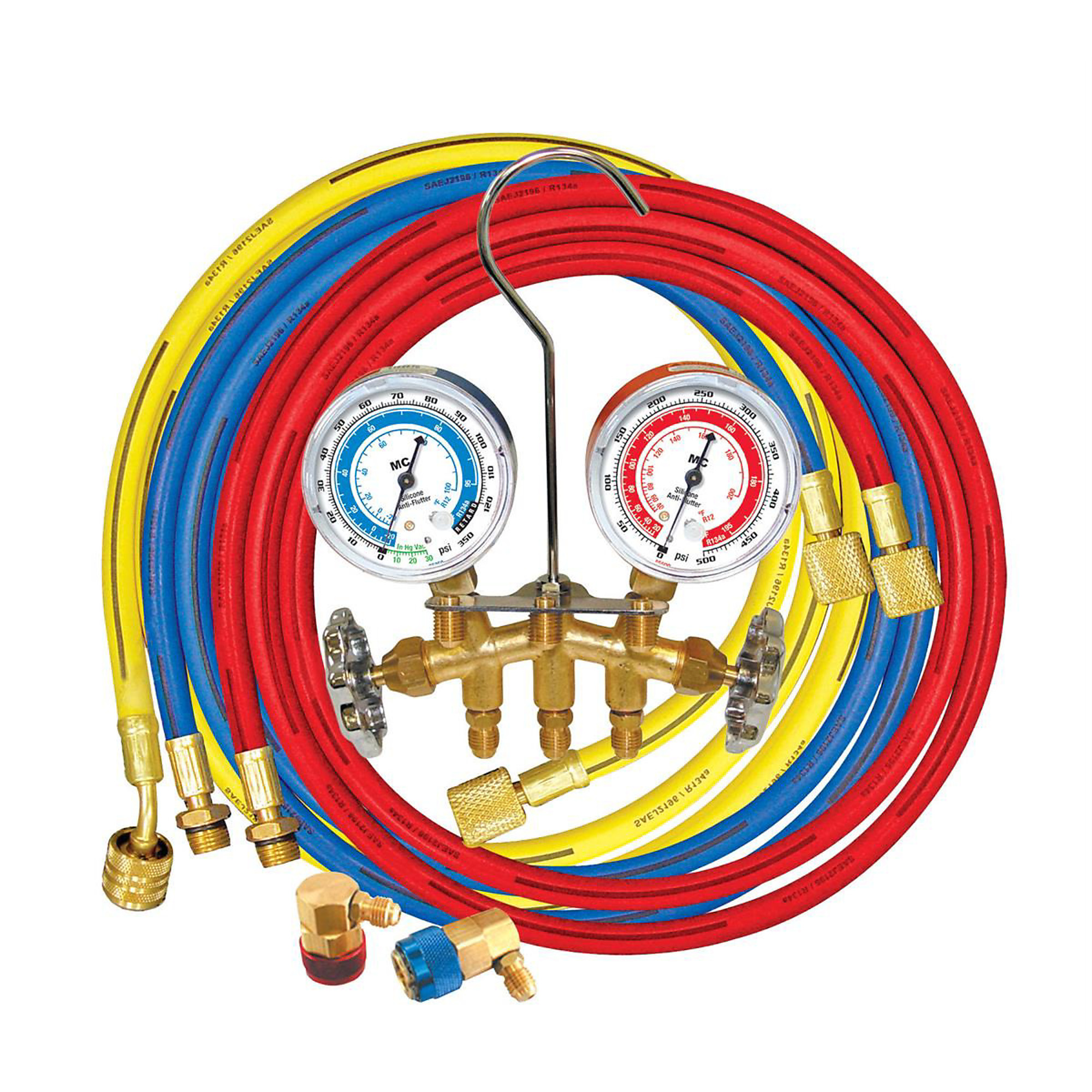 Mastercool R134a Manifold Set — Anti-Flutter Gauges, Shut-Off Valve, Free-Floating Valves, Extra Access Port, Model# MSC66661